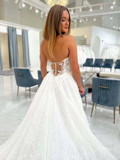 A Line Sweetheart Tulle Lace Appliqued Beach Wedding Dresses for Bride HE797