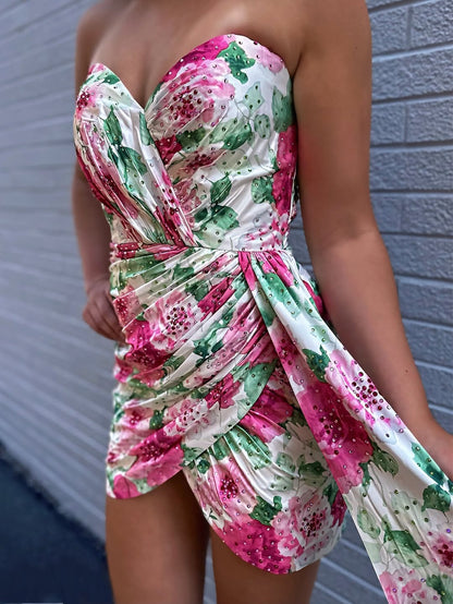 Sweetheart Knee Length Homecoming Dresses Floral Print Cocktail Gowns HE561