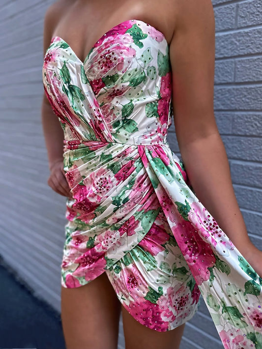 Sweetheart Knee Length Homecoming Dresses Floral Print Cocktail Gowns HE561