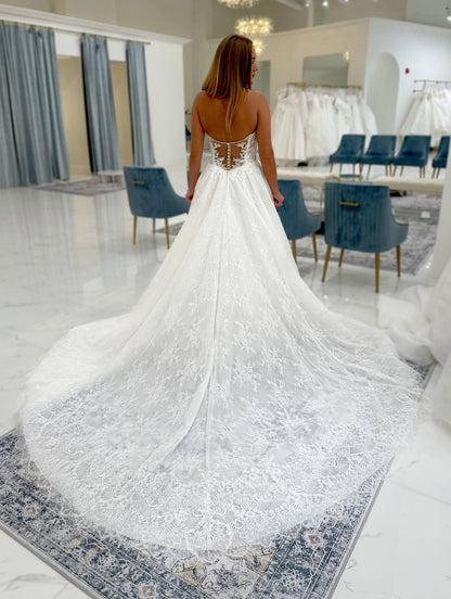 A Line Sweetheart Tulle Lace Appliqued Beach Wedding Dresses for Bride HE797