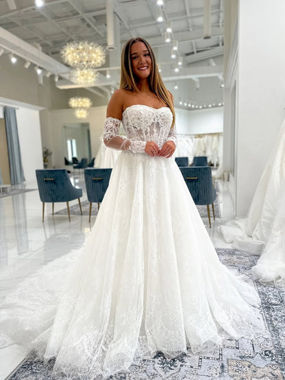 A Line Sweetheart Tulle Lace Appliqued Beach Wedding Dresses for Bride HE797