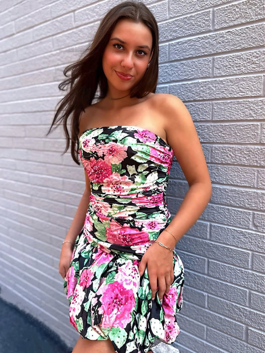Vestidos de fiesta con escote corazón, sin tirantes, hasta la rodilla, con estampado floral, HE560