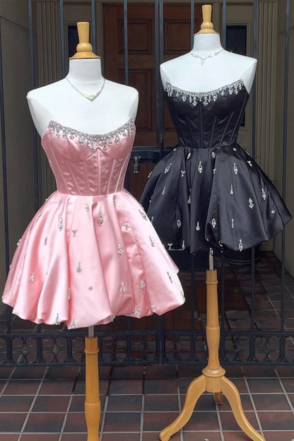 Vestidos de cóctel de satén con corsé y cuentas, corte en A, sin tirantes, HE571