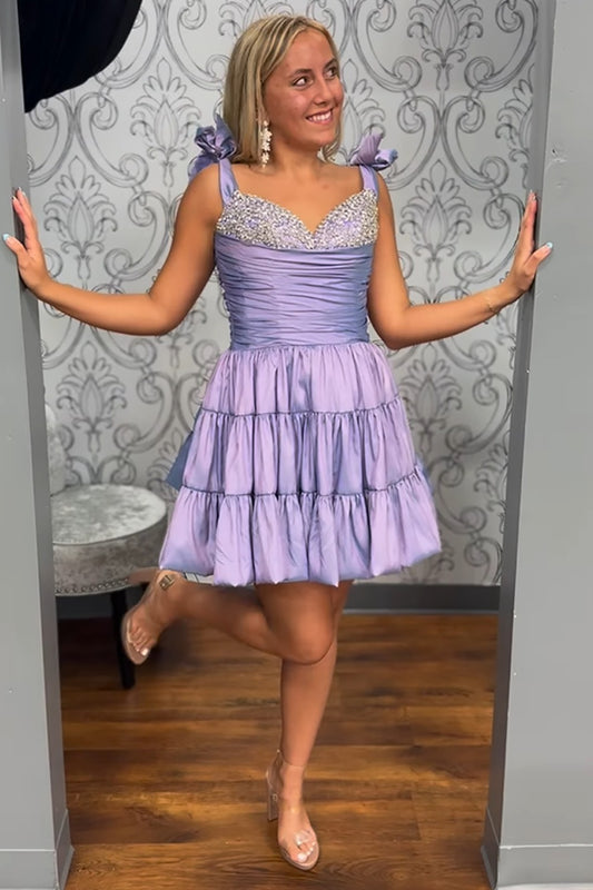 A Line Short Homecoming Dresses Satin Ruffles Beaded Party Gowns HE576