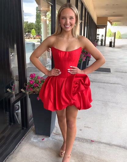 Vestidos de fiesta cortos de satén con escote en forma de A y corsé rojo para regreso a casa, HE586