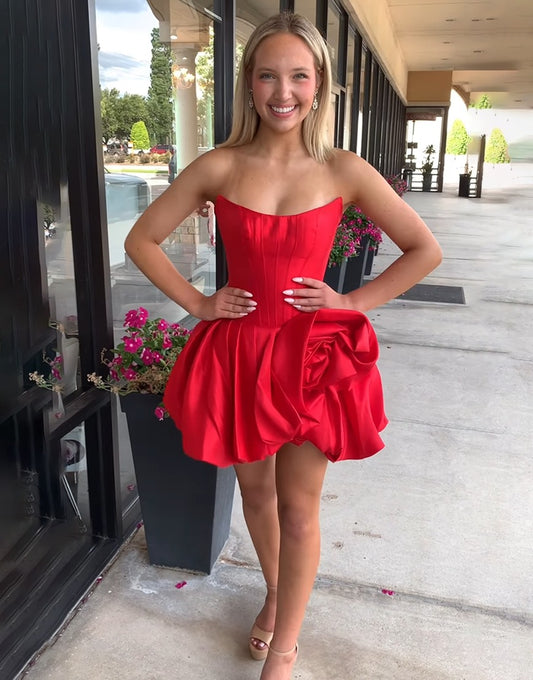 Vestidos de fiesta cortos de satén con escote en forma de A y corsé rojo para regreso a casa, HE586