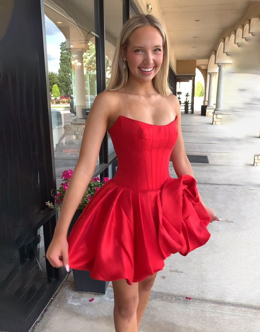 Vestidos de fiesta cortos de satén con escote en forma de A y corsé rojo para regreso a casa, HE586