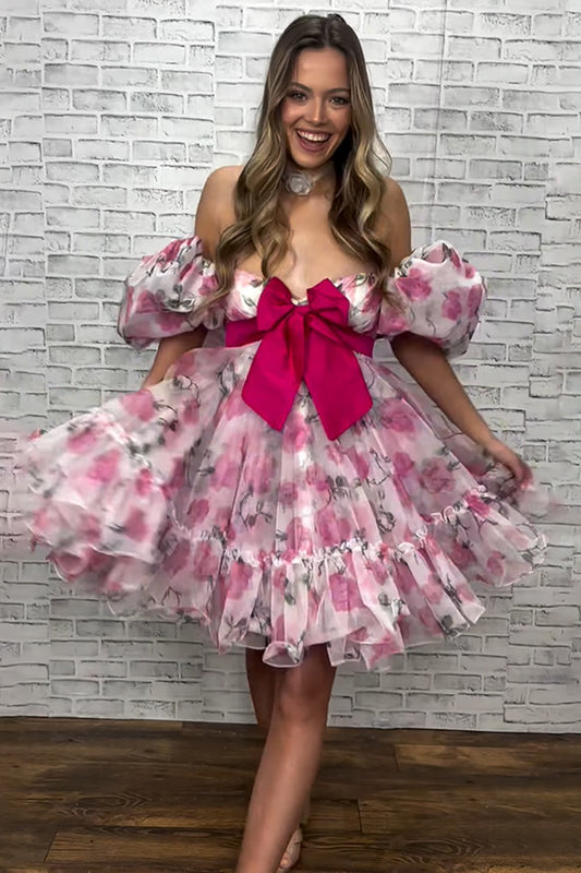 Off Shoulder A Line Homecoming Dresses Floral Print Cocktail Party Gowns HE575