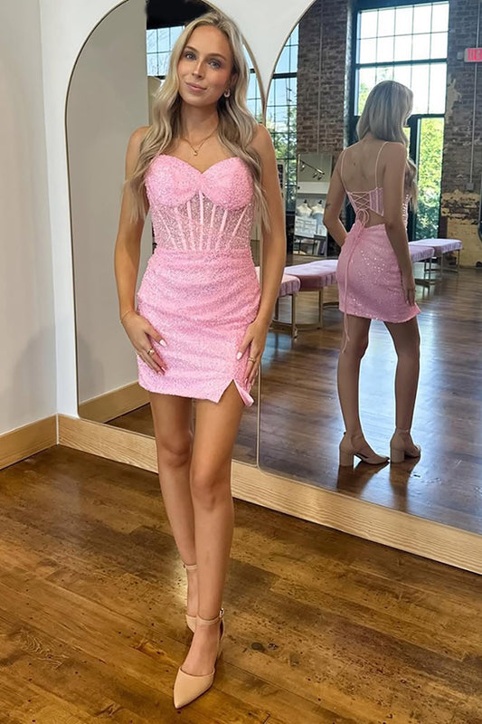 Vestido de fiesta corto con corsé y tirantes finos ajustados con lentejuelas rosas brillantes HE611