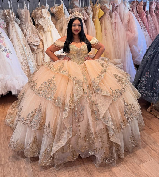 Vestidos de quinceañera con hombros descubiertos, tul princesa, apliques, vestidos de quinceañera HE530