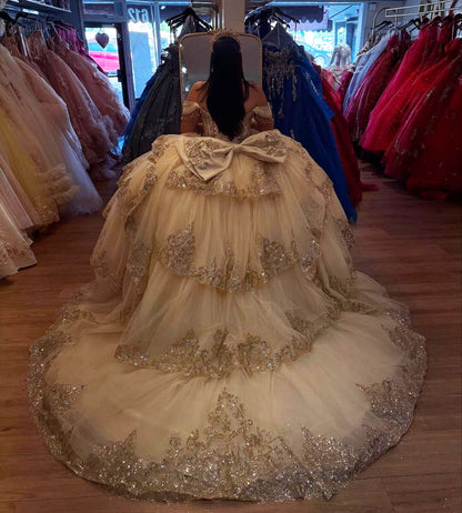 Vestidos de quinceañera con hombros descubiertos, tul princesa, apliques, vestidos de quinceañera HE530