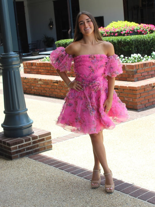 Vestidos de fiesta de tul abullonado con estampado floral hasta la rodilla, corte A, HE554