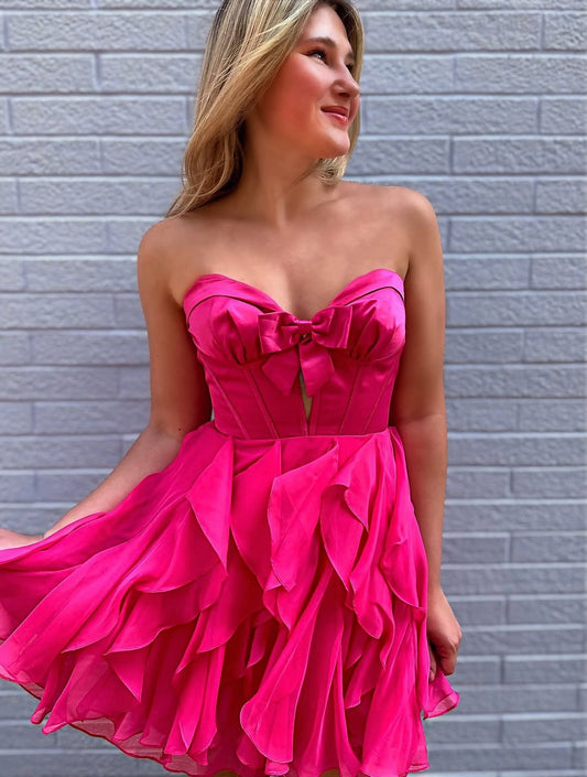 Vestidos de fiesta rosa intenso con escote corazón y corte en A sin tirantes para jóvenes HE557