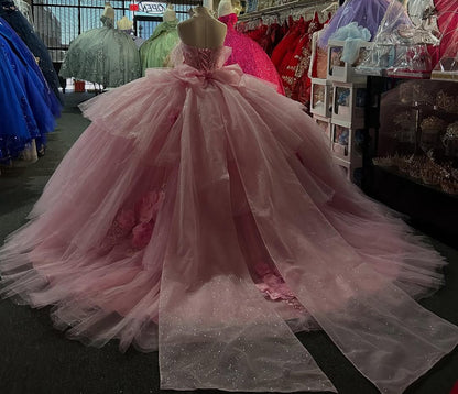 Off Shoulder Princess Tulle 3d Flowers Pink Quinceanera Dresses for Sweet 16 HE808