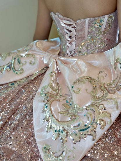 Glittery Tulle Lace Beaded Sweetheart Corset Quinceanera Dresses with Ruffles HE656