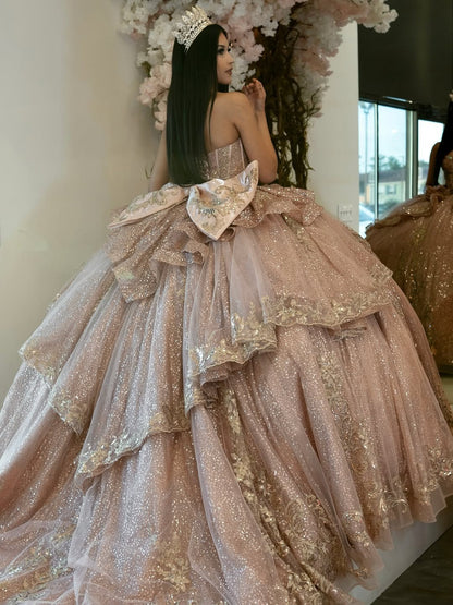 Glittery Tulle Lace Beaded Sweetheart Corset Quinceanera Dresses with Ruffles HE656