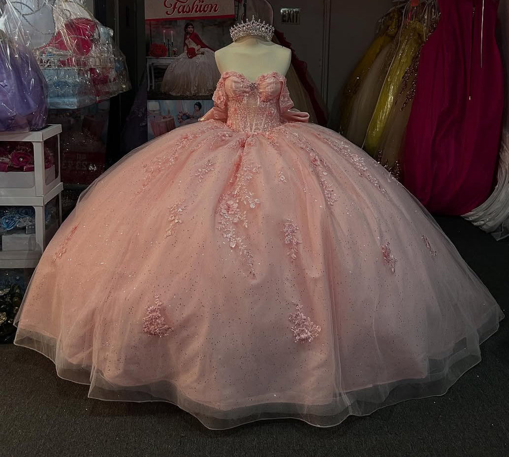 Vestidos de quinceañera con hombros descubiertos, tul princesa, apliques, vestidos de quinceañera HE530
