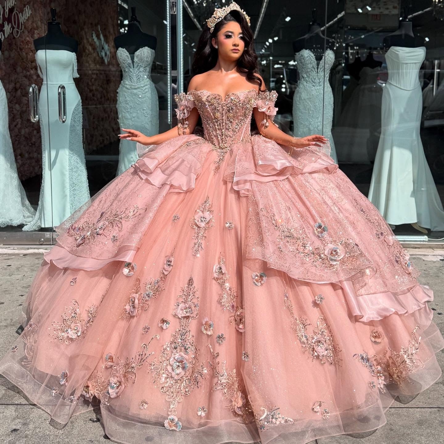 Princess Ball Gown 3D Flower Appliqued Sweet 16 Quinceanera Dresses with Beaded HE663