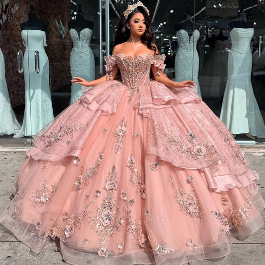 Princess Ball Gown 3D Flower Appliqued Sweet 16 Quinceanera Dresses with Beaded HE663