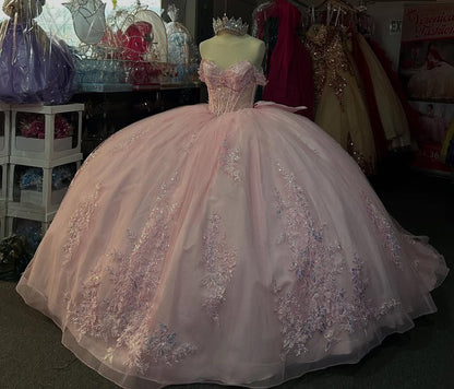 Vestidos de quinceañera con hombros descubiertos, tul princesa, apliques, vestidos de quinceañera HE530