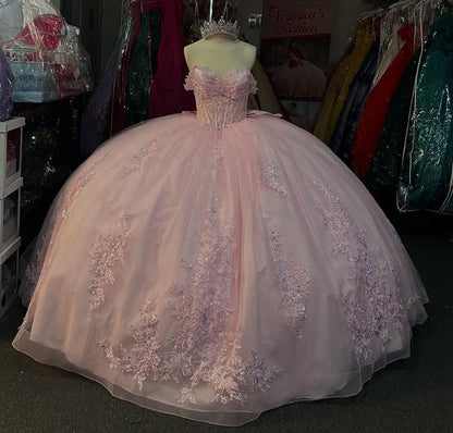 Vestidos de quinceañera con hombros descubiertos, tul princesa, apliques, vestidos de quinceañera HE530