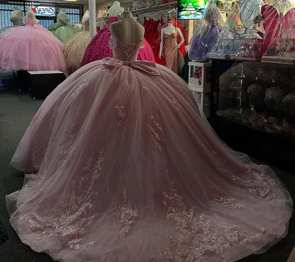 Vestidos de quinceañera con hombros descubiertos, tul princesa, apliques, vestidos de quinceañera HE530