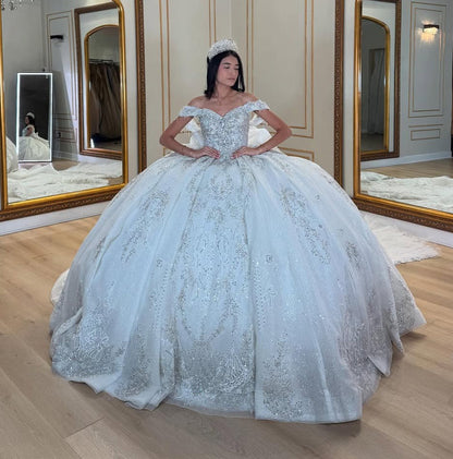 Vestidos de quinceañera con hombros descubiertos, tul princesa, apliques, vestidos de quinceañera HE530