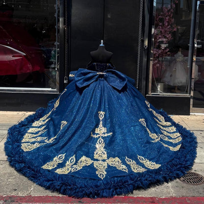 Glittery Tulle Lace Appliqued Princess Blue Quinceanera Dresses for Sweet 16 HE927