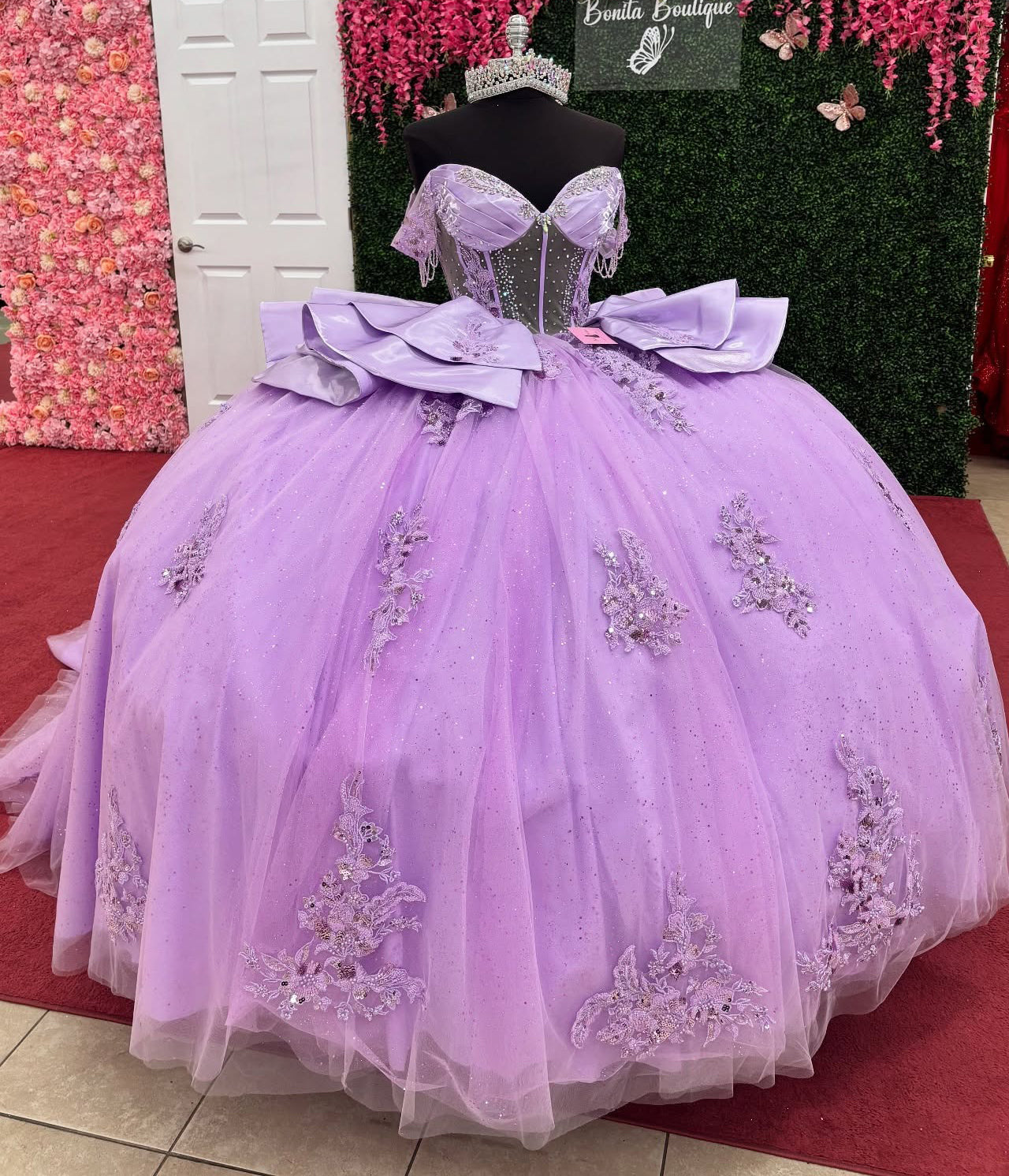 Off Shoulder Lilac Tulle Corset Appliqued Princess Quinceanera Dresses for Sweet 16 HE952