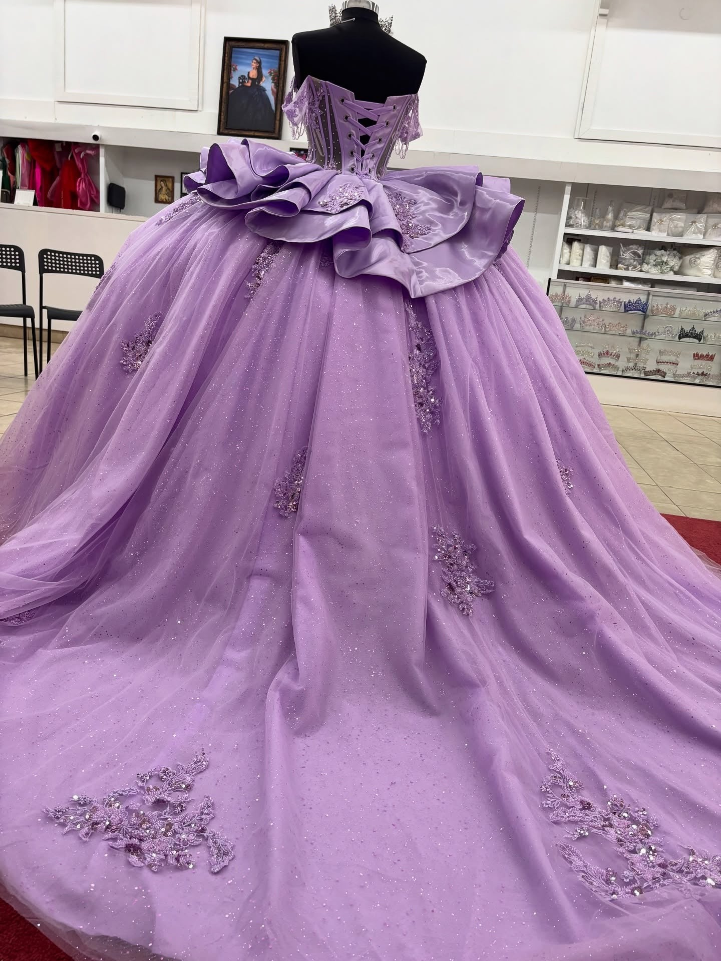 Off Shoulder Lilac Tulle Corset Appliqued Princess Quinceanera Dresses for Sweet 16 HE952