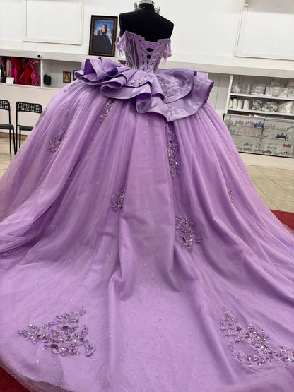 Off Shoulder Lilac Tulle Corset Appliqued Princess Quinceanera Dresses for Sweet 16 HE952