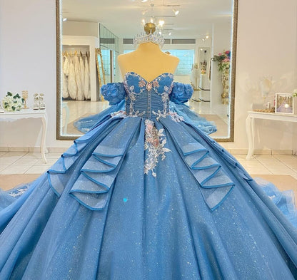 Blue Off Shoulder Glittery Tulle Appliqued Beaded Quinceanera Dress for Sweet 16 HE691
