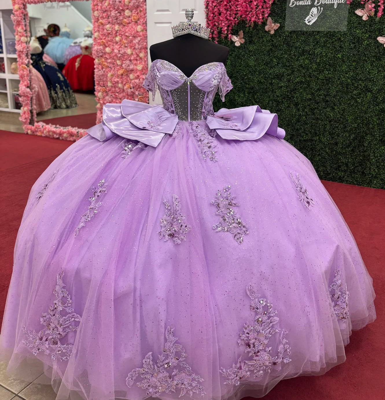Off Shoulder Lilac Tulle Corset Appliqued Princess Quinceanera Dresses for Sweet 16 HE952