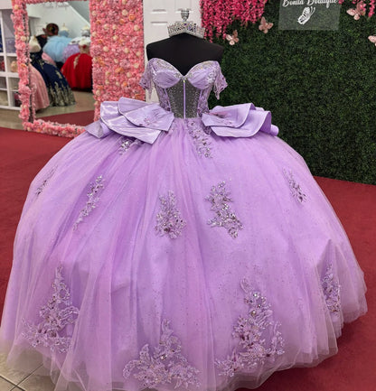 Off Shoulder Lilac Tulle Corset Appliqued Princess Quinceanera Dresses for Sweet 16 HE952