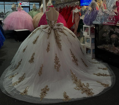 Sweetheart Tulle Appliqued Corset Strapless Champagne Quinceanera Dresses HE880