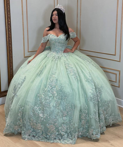 Vestidos de quinceañera con hombros descubiertos, tul princesa, apliques, vestidos de quinceañera HE530