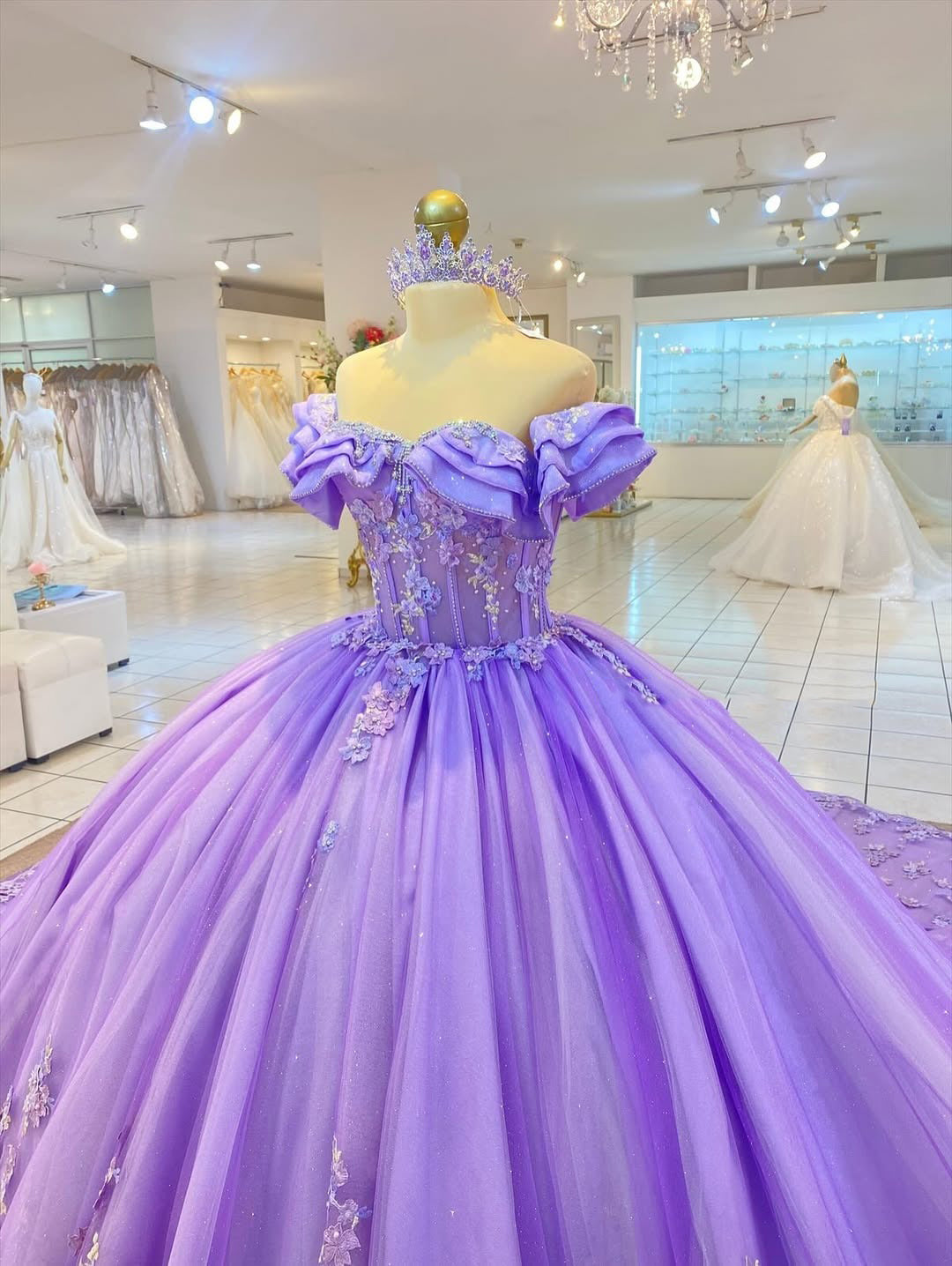 Off Shoulder Lilac Tulle Appliqued Sweet 16 Quinceanera Dresses with Long Train HE690