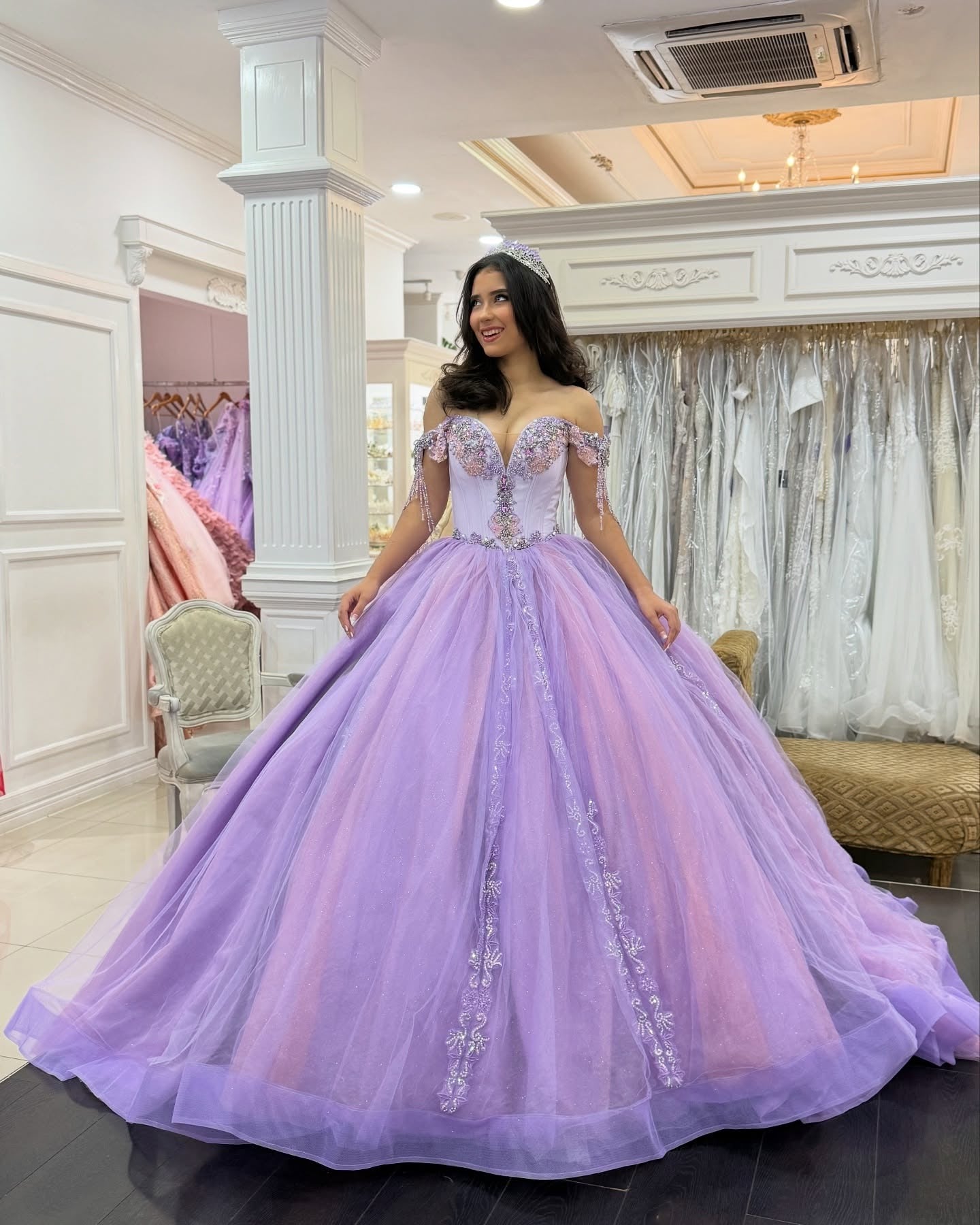 Off Shoulder Tulle Appliqued Beaded Lilac Quinceanera Dresses for Sweet 16 HE1016