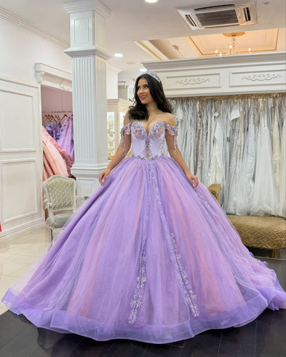 Off Shoulder Tulle Appliqued Beaded Lilac Quinceanera Dresses for Sweet 16 HE1016