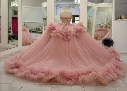 Sweetheart Tulle Ruffles Ball Gown Crystal Beaded Pink Quinceanera Dresses HE773
