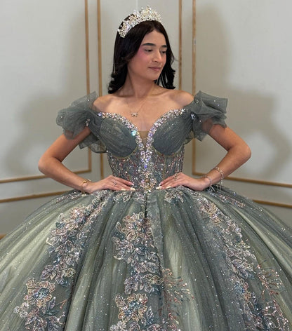Off Shoulder Glittery Tulle Lace Appliqued Sweet 16 Quinceanera Dresses HE765