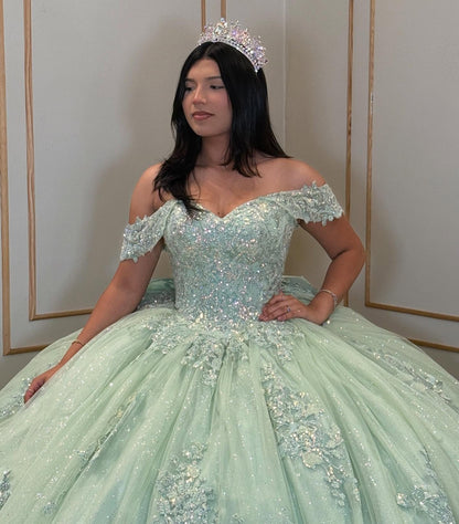 Vestidos de quinceañera con hombros descubiertos, tul princesa, apliques, vestidos de quinceañera HE530