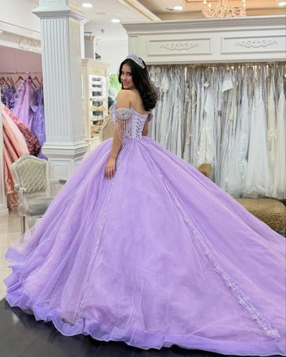 Off Shoulder Tulle Appliqued Beaded Lilac Quinceanera Dresses for Sweet 16 HE1016