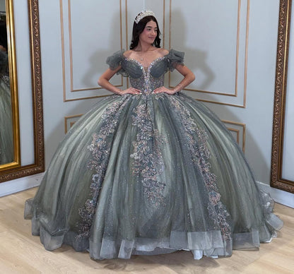 Off Shoulder Glittery Tulle Lace Appliqued Sweet 16 Quinceanera Dresses HE765
