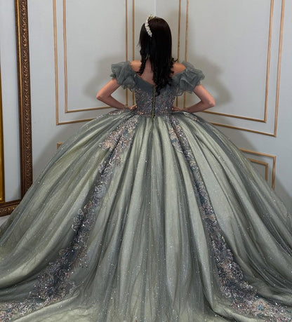 Off Shoulder Glittery Tulle Lace Appliqued Sweet 16 Quinceanera Dresses HE765