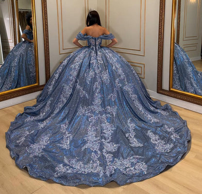 Vestidos de quinceañera con hombros descubiertos, tul princesa, apliques, vestidos de quinceañera HE530