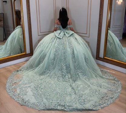 Vestidos de quinceañera con hombros descubiertos, tul princesa, apliques, vestidos de quinceañera HE530
