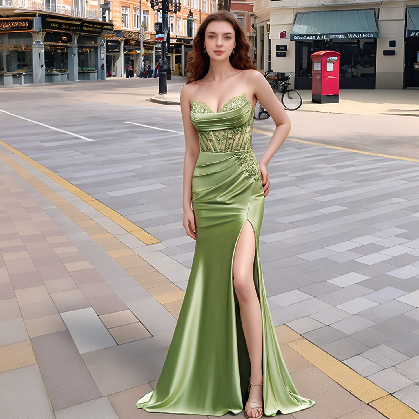 HE010-Satin Mermaid Long Prom Dresses with Slit Lace Appliques Evening Gowns Spaghetti Straps Formal Party Dresses