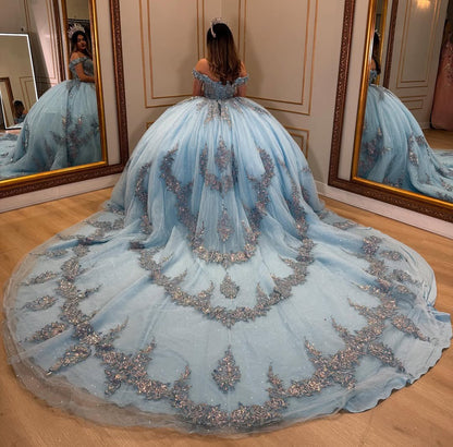 Vestidos de quinceañera con hombros descubiertos, tul princesa, apliques, vestidos de quinceañera HE530