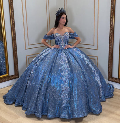Vestidos de quinceañera con hombros descubiertos, tul princesa, apliques, vestidos de quinceañera HE530